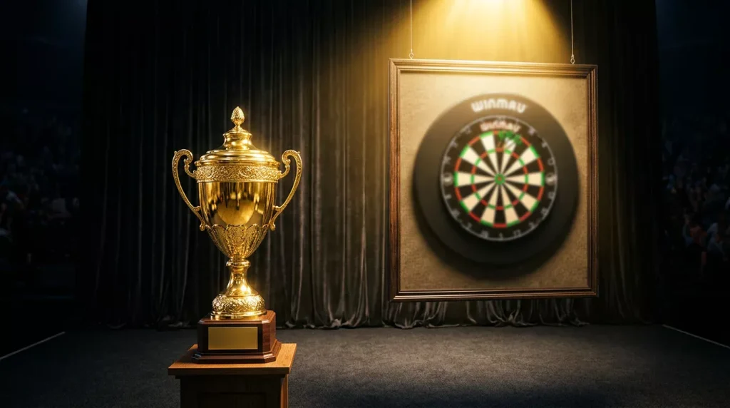 Goldener Pokal neben einer Dartscheibe auf einer Turnierbühne mit Spotlicht